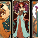 **

A stunning Art Nouveau-inspired character design for *Reverse: 1999*. The character should feature flowing floral motifs, a color palette reminiscent of Alphonse Mucha, and a flamboyant Belle Époque style dress. Capture the essence of a time-traveling virtuoso with artistic skills or musical sorcery.

**