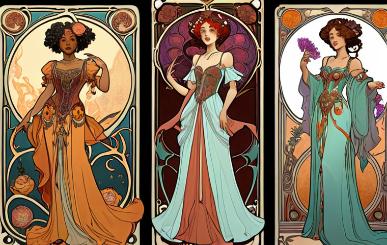 **
A stunning Art Nouveau-inspired character design for *Reverse: 1999*. The character should feature flowing floral motifs, a color palette reminiscent of Alphonse Mucha, and a flamboyant Belle Époque style dress. Capture the essence of a time-traveling virtuoso with artistic skills or musical sorcery.
**