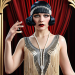**Vertin in a glamorous flapper dress inspired by the Roaring Twenties in Paris, evoking freedom and experimentation, detailed fringe and Art Deco elements.**