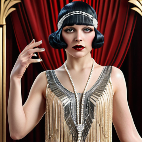 Home 23 **Vertin in a glamorous flapper dress inspired by the Roaring Twenties in Paris, evoking freedom and experimentation, detailed fringe and Art Deco elements.**