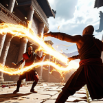 **

A dynamic action shot of "[Character Name]" unleashing their ultimate ability – a swirling energy storm engulfing multiple enemies. The scene should be vibrant and chaotic, showcasing the devastating power of the ability. Include visual elements that hint at the character's tragic backstory and mystical training, like subtle temple ruins in the background or symbolic energy patterns.

**