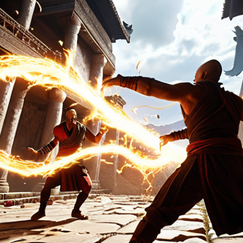 **

A dynamic action shot of "[Character Name]" unleashing their ultimate ability – a swirling energy storm engulfing multiple enemies. The scene should be vibrant and chaotic, showcasing the devastating power of the ability. Include visual elements that hint at the character's tragic backstory and mystical training, like subtle temple ruins in the background or symbolic energy patterns.

**
