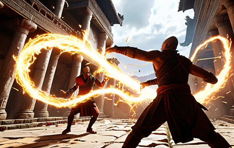 **

A dynamic action shot of "[Character Name]" unleashing their ultimate ability – a swirling energy storm engulfing multiple enemies. The scene should be vibrant and chaotic, showcasing the devastating power of the ability. Include visual elements that hint at the character's tragic backstory and mystical training, like subtle temple ruins in the background or symbolic energy patterns.

**