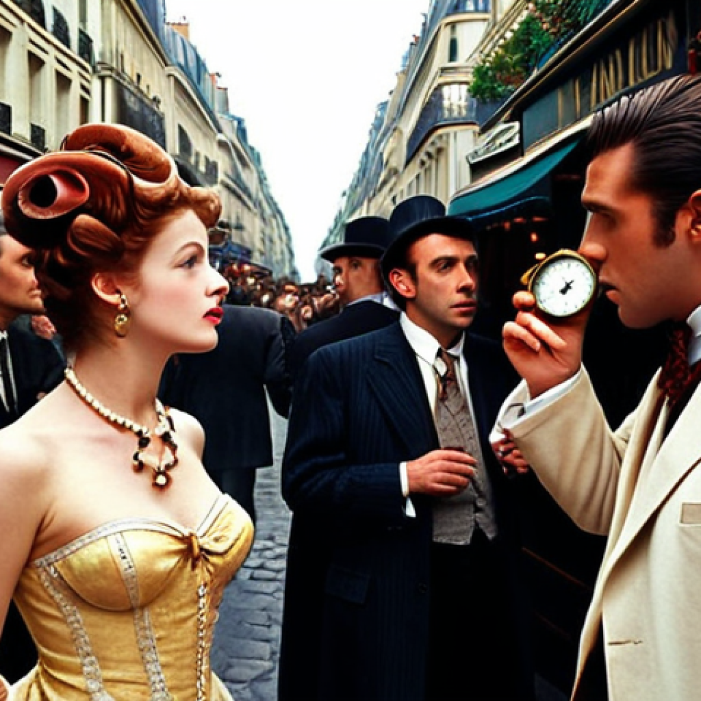 **

"A bustling Belle Époque Parisian street scene, filled with stylishly dressed men and women. In the foreground, a mysterious dandy whispers secrets into the ear of a woman, hinting at the Reverse: 1999 event. Clocks and maps subtly embedded within the background, creating a sense of time travel and intrigue. Warm, nostalgic colors dominate the scene."

**