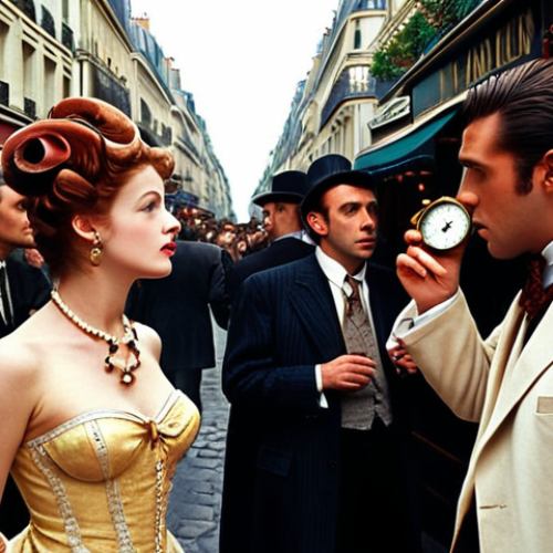 Home 9 **
"A bustling Belle Époque Parisian street scene, filled with stylishly dressed men and women. In the foreground, a mysterious dandy whispers secrets into the ear of a woman, hinting at the Reverse: 1999 event. Clocks and maps subtly embedded within the background, creating a sense of time travel and intrigue. Warm, nostalgic colors dominate the scene."
**