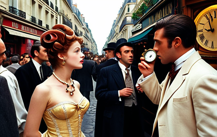 **

"A bustling Belle Époque Parisian street scene, filled with stylishly dressed men and women. In the foreground, a mysterious dandy whispers secrets into the ear of a woman, hinting at the Reverse: 1999 event. Clocks and maps subtly embedded within the background, creating a sense of time travel and intrigue. Warm, nostalgic colors dominate the scene."

**