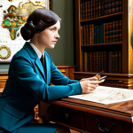 A focused female strategist, depicted in a 1920s-inspired modest professional suit, seated at a large antique wooden desk. Her hands are elegantly placed on a detailed, vintage-style strategic map or intricate diagram representing complex game mechanics. The background features tall bookshelves filled with old tomes and a large globe, highlighting an atmosphere of intellectual depth and planning. The lighting is soft and ambient, casting gentle shadows that emphasize the thoughtful mood. perfect anatomy, correct proportions, natural pose, well-formed hands, proper finger count, natural body proportions, safe for work, appropriate content, fully clothed, professional.