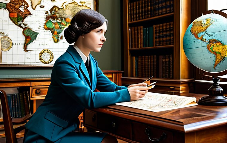 A focused female strategist, depicted in a 1920s-inspired modest professional suit, seated at a large antique wooden desk. Her hands are elegantly placed on a detailed, vintage-style strategic map or intricate diagram representing complex game mechanics. The background features tall bookshelves filled with old tomes and a large globe, highlighting an atmosphere of intellectual depth and planning. The lighting is soft and ambient, casting gentle shadows that emphasize the thoughtful mood. perfect anatomy, correct proportions, natural pose, well-formed hands, proper finger count, natural body proportions, safe for work, appropriate content, fully clothed, professional.