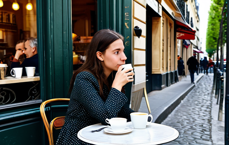 리버스 1999 특수 아이템 획득법 - Parisian Cafe Scene**
A fully clothed woman in a stylish, modest dress, sitting at a cafe table on ...