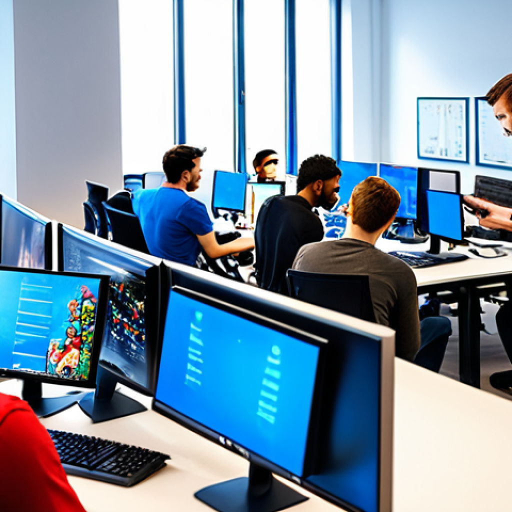 리버스 1999 팬 비하인드 스토리 - Game Development Scene**

"A team of game developers collaborating in a bright, modern office. They ...