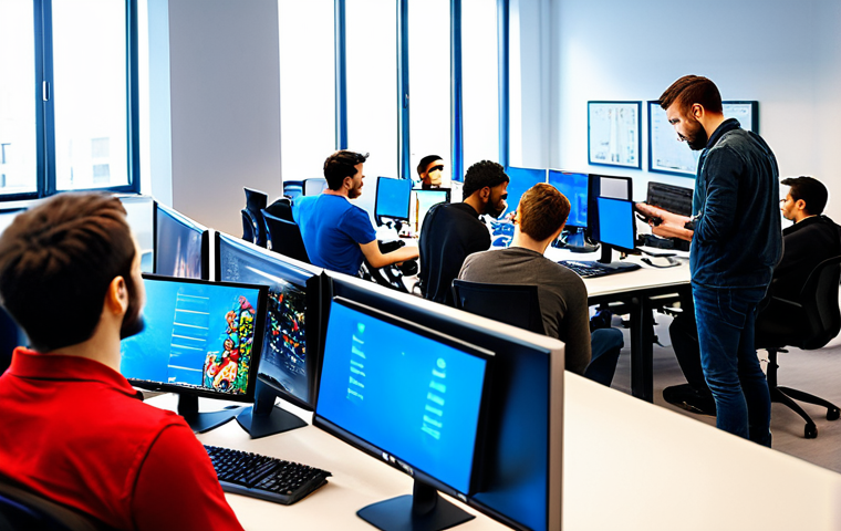 리버스 1999 팬 비하인드 스토리 - Game Development Scene**
"A team of game developers collaborating in a bright, modern office. They ...