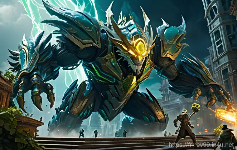 리버스 1999 공략 사이트 추천 - A dynamic wide shot of a team of three 'Reverse: 1999' characters engaged in an intense battle again...