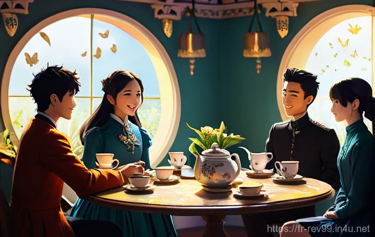 리버스 1999 소셜 미디어 활용법 - **Prompt: "An Arcanist Community Tea Party - Lively Discussions on Discord"**
A vibrant, highly ...