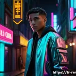 리버스 1999 세계관 속 숨겨진 이야기 - A mysterious character portrait set in a dimly lit futuristic cityscape at night, featuring a young ...