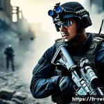 리버스 1999 최고 효율 장비 세팅 - A dynamic, action-packed scene featuring a versatile soldier in modern tactical gear wielding an M4 ...