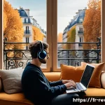 리버스 1999 배경음악 다운로드 - A cozy modern living room scene in Paris, featuring a young French adult sitting comfortably on a pl...