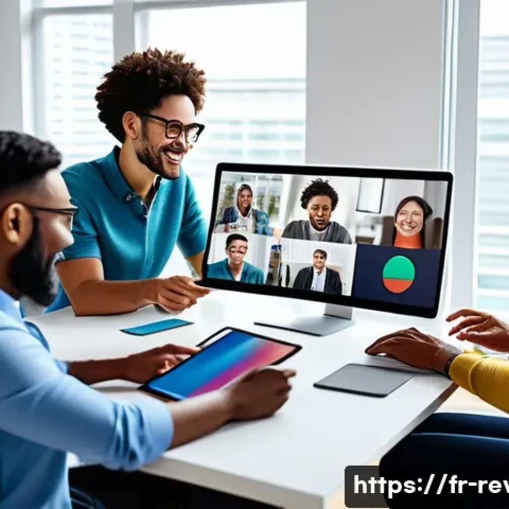 리버스 1999 글로벌 커뮤니티 연결 - A vibrant digital workspace scene illustrating remote collaboration across cultures: diverse profess...