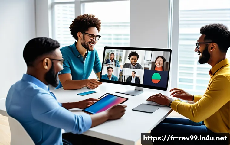 리버스 1999 글로벌 커뮤니티 연결 - A vibrant digital workspace scene illustrating remote collaboration across cultures: diverse profess...