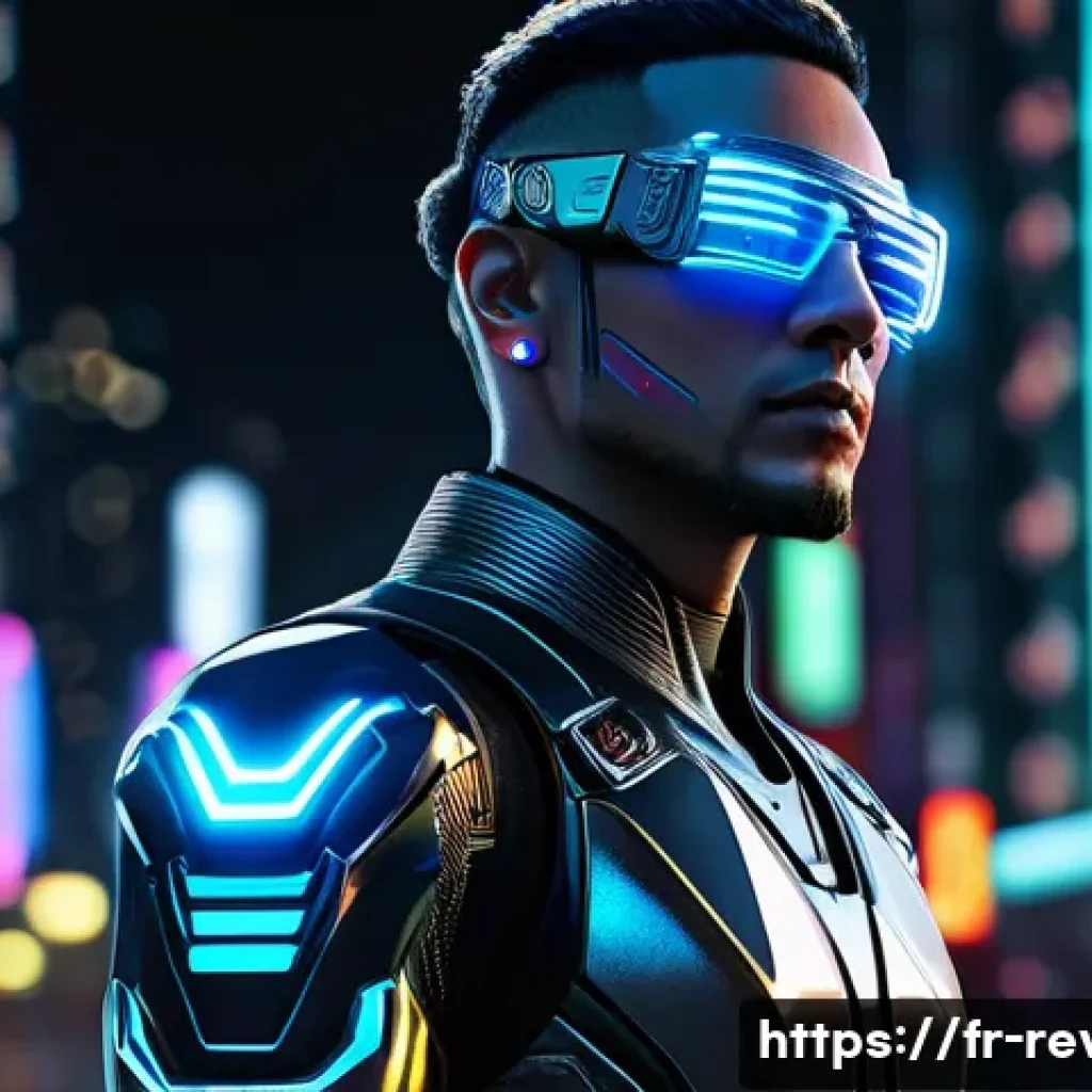 리버스 1999 커스터마이징 옵션 - A futuristic avatar with cybernetic implants and glowing colorful lenses, wearing sleek urban-tech a...