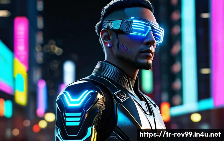 리버스 1999 커스터마이징 옵션 - A futuristic avatar with cybernetic implants and glowing colorful lenses, wearing sleek urban-tech a...