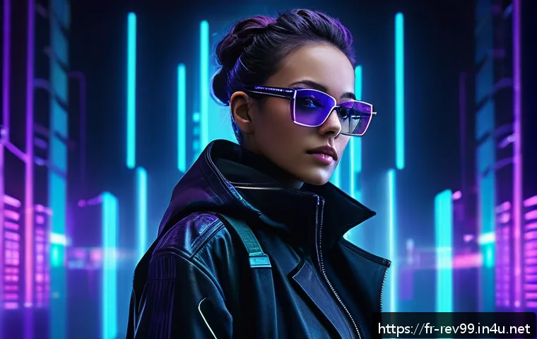 리버스 1999 숨겨진 캐릭터 스토리 - A mysterious female hacker in a futuristic cyberpunk cityscape, wearing sleek dark clothing and glas...