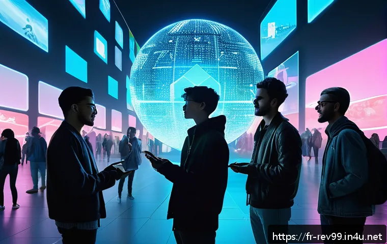 리버스 1999 세계관의 깊이 - A futuristic urban scene blending augmented reality elements with everyday life: a diverse group of ...