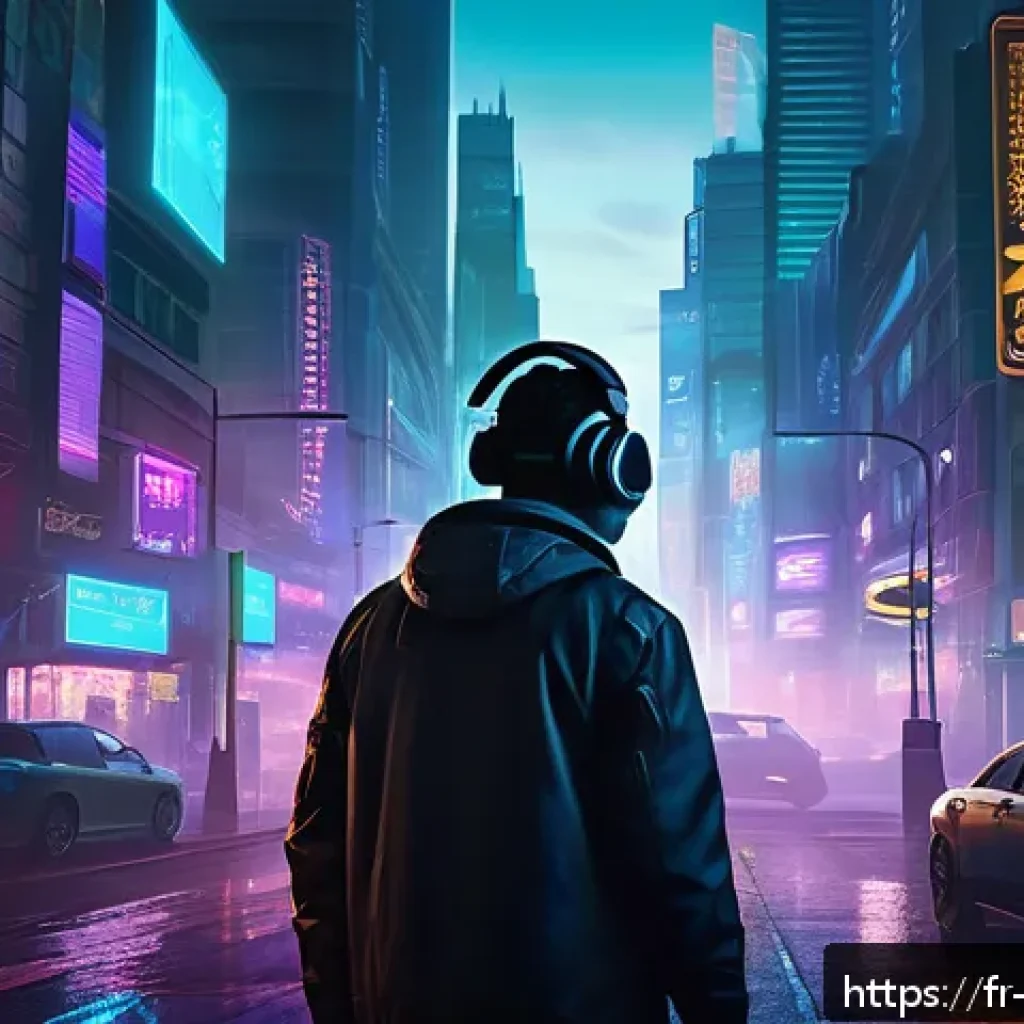 리버스 1999 유저 인터뷰 프로젝트 - A mysterious, cinematic game environment with a moody, atmospheric cityscape at dusk, featuring neon...