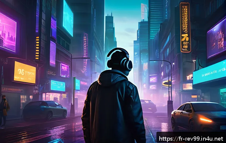 리버스 1999 유저 인터뷰 프로젝트 - A mysterious, cinematic game environment with a moody, atmospheric cityscape at dusk, featuring neon...