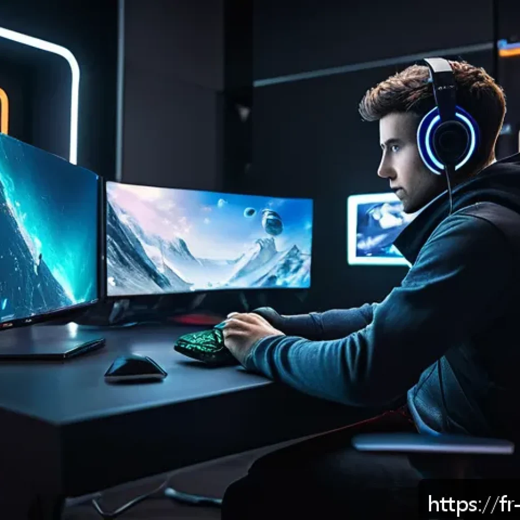 리버스 1999 무료 다이아 획득법 - A vibrant digital gaming scene depicting a young French gamer sitting at a sleek desk with a high-en...