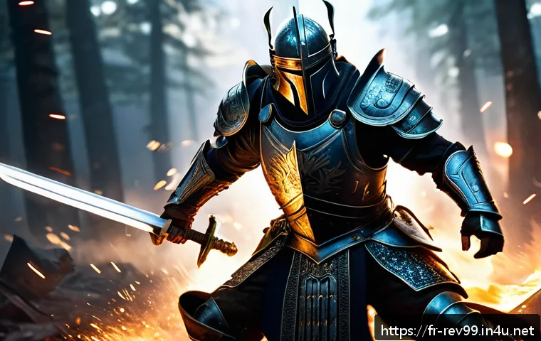 리버스 1999 각 클래스별 특징 - A dynamic warrior character clad in reinforced heavy armor, wielding a massive sword mid-charge on a...