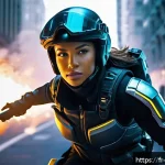 리버스 1999 속성 특화 아이템 - A dynamic futuristic combat scene featuring a nimble female warrior equipped with sleek, lightweight...
