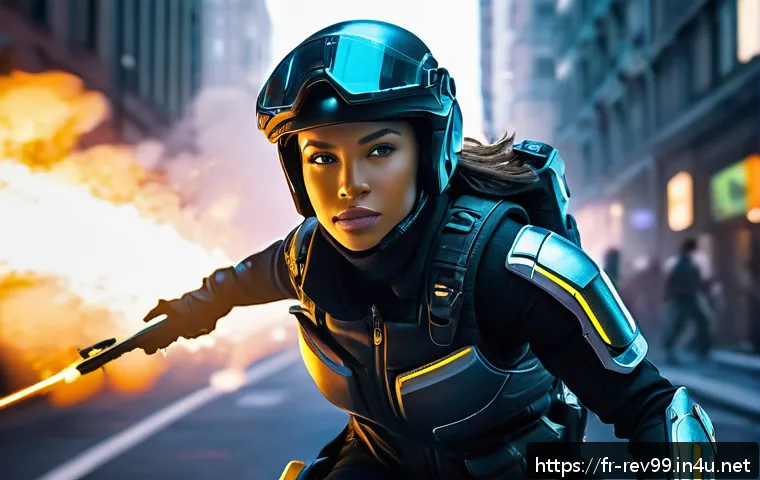 리버스 1999 속성 특화 아이템 - A dynamic futuristic combat scene featuring a nimble female warrior equipped with sleek, lightweight...