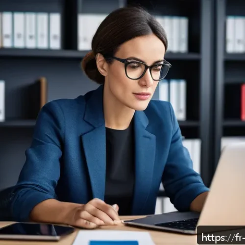 리버스 1999 계정 보안 강화 방법 - A professional French office setting featuring a focused adult woman in her early 30s, wearing smart...