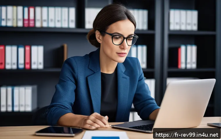리버스 1999 계정 보안 강화 방법 - A professional French office setting featuring a focused adult woman in her early 30s, wearing smart...