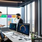 리버스 1999 업데이트 후 새로운 전략 - A modern digital marketing office scene in Paris, with a diverse team of professionals collaborating...