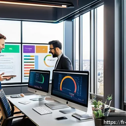 리버스 1999 업데이트 후 새로운 전략 - A modern digital marketing office scene in Paris, with a diverse team of professionals collaborating...