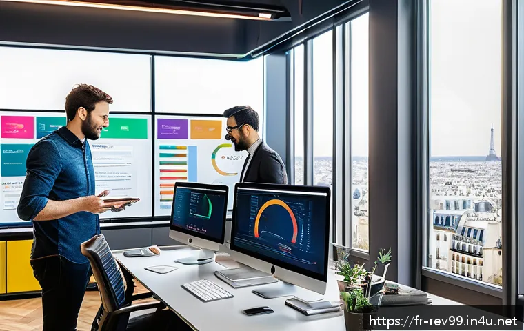 리버스 1999 업데이트 후 새로운 전략 - A modern digital marketing office scene in Paris, with a diverse team of professionals collaborating...