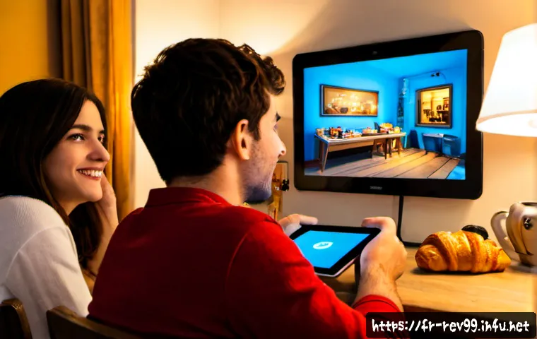 리버스 1999 팬들과의 실시간 채팅 - Photorealistic evening scene in a cozy Paris apartment, two adult friends enthusiastically following...