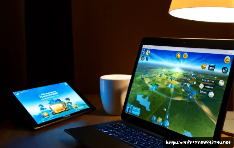 리버스 1999 글로벌 팬 사이트 추천 - Photorealistic cozy Paris apartment workspace at dusk, a French adult gaming fan comparing two clean...