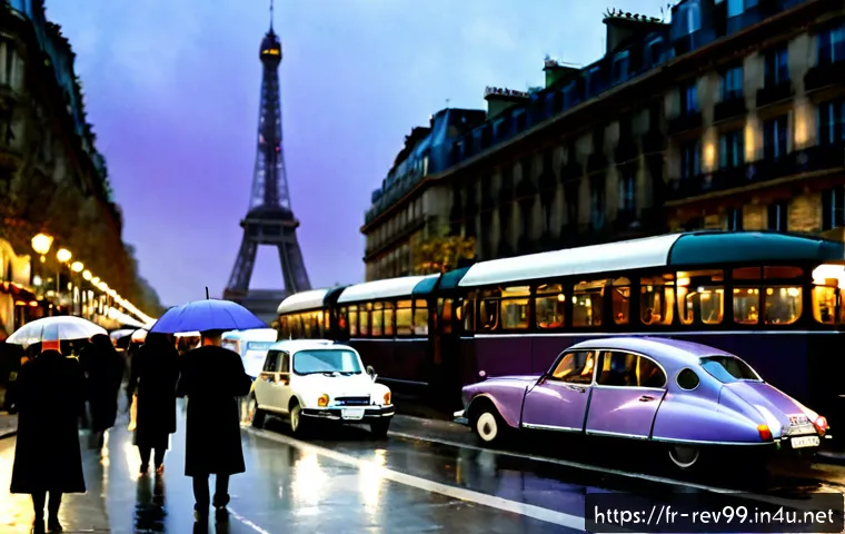 리버스 1999 게임 내 월드빌딩 - Photorealistic alternate-history Paris in 1999, a rain-slicked Haussmann boulevard bending backward ...