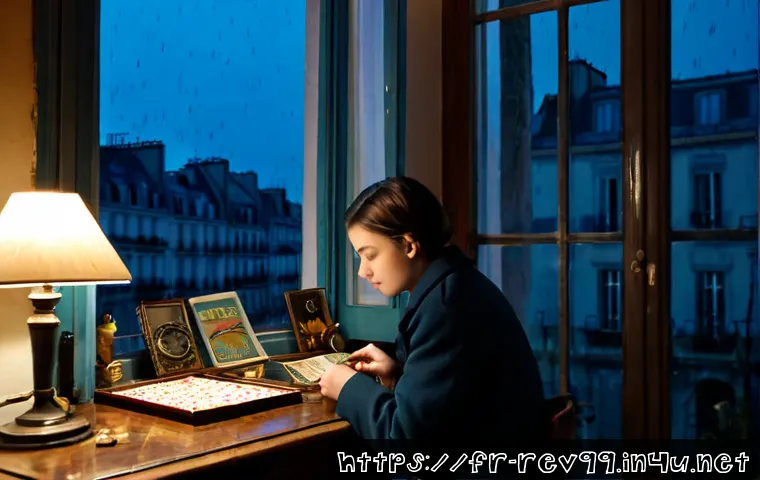 리버스 1999 이스터에그 찾기 - Photorealistic Parisian apartment study at dusk, a curious young adult game enthusiast carefully sea...