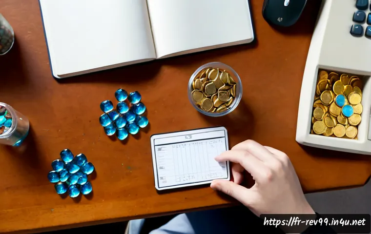 리버스 1999 아이템 드랍 확률 분석 - Photorealistic overhead view of a French gamer’s tidy Paris apartment desk, hands sorting colorful f...