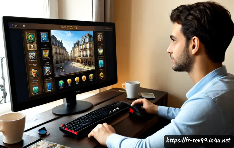 Home 17 리버스 1999 추천 게임 블로그 - Photorealistic French gaming enthusiast at a tidy Paris apartment desk, comparing two fantasy strate...